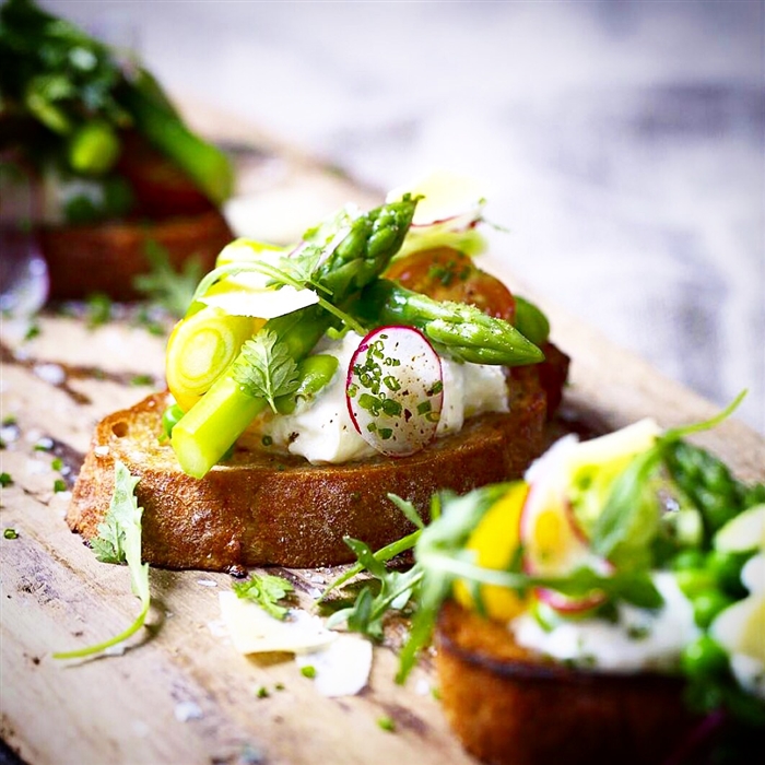 spring vegetable tartines with creamed burrata